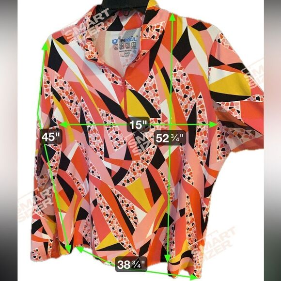 Ibkul Sz XL Vibrant Orange Geometric Print Pickleball Sporty Long Sleeve Polo - Picture 6 of 9